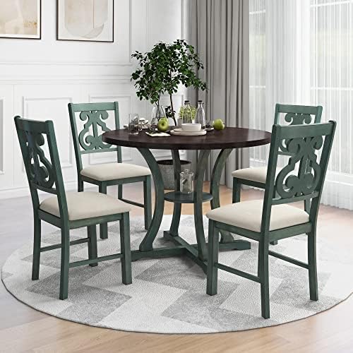 Harper & Bright Designs 5-Piece Round Table Set with Shelf, Wooden Family Dining Table