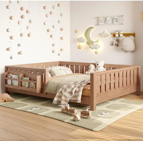 Bellemave Full Floor Bed with Slats and Rails, Full Size Montessori Floor Bed with Bookcase and Fence, Easy Assemble Montessori Beds for Girls, Boys, Natural Floor Beds