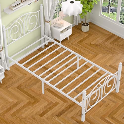 VECELO Twin Size Metal Platform Bed Frame with headboard and Footboard, Heavy Duty Mattress Foundation, Steel Slat Support, No Box Spring Needed, Easy Assembly, Pure White