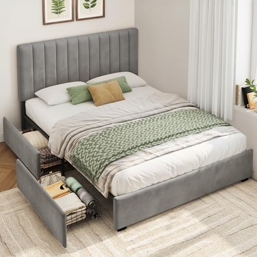 Welzona Queen Upholstered Bed Frame with Headboard & 2 Storage Drawer, Grey