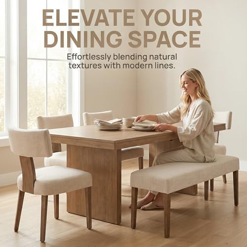 HNY Mid Century Modern Dining Chairs Set of 2, Upholstered Linen Kitchen & Dining Room Chairs with Ergonomic Curved Backrest, Solid Wood Legs, Farmhouse Accent Chair for Home, Apartment, Beige