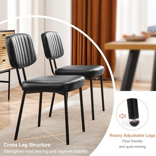 Sweetcrispy Dining Chairs Set of 6, Upholstered Mid Century Modern Kitchen Accent Chairs with Faux Leather Cushion Seat & Metal Legs for Home Office, Living Room - Black