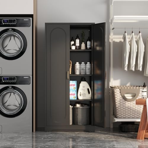 Steeloong 60"Metal Pantry Storage Cabinet with Doors & 3 Adjustable Shelves | Kitchen Pantry Cabinet,Black Kitchen Cabinet with 2 Gold Handles,Tall Cabinet for Livingroom,Pantry, Bathroom,Kitchen