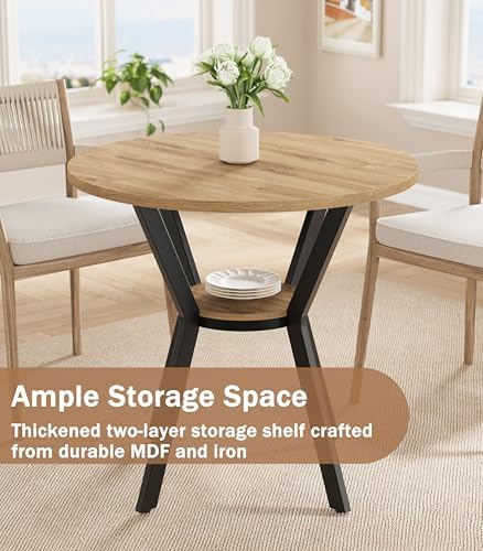 Round Kitchen Tables for 2-4, 31.5" Rustic Small Dining Tables with Storage