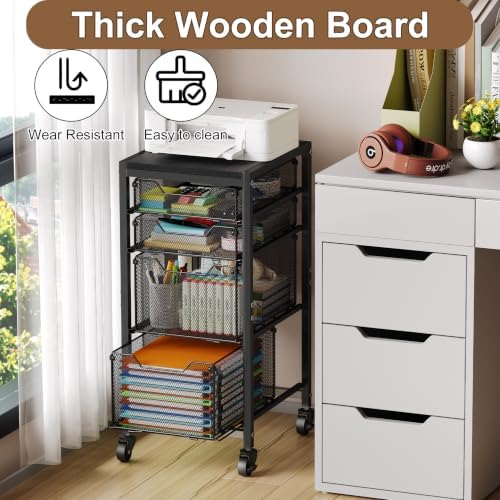 Rolling Storage Cart with Drawers, Under Desk Storage with Wooden Tabletop & Lockable Wheels, 4-Tier Storage Drawers for Bathroom, Craft, Office, Black