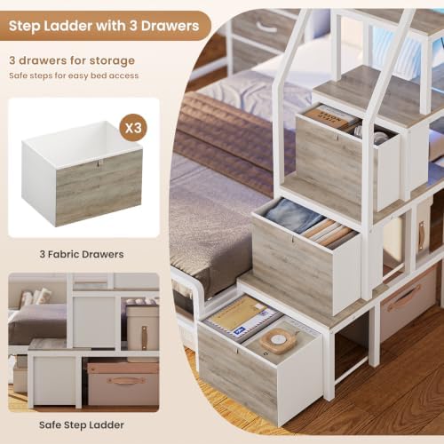 AOGLLATI Bunk Bed Twin Over Twin with 6 Storage Drawers and Desk for Kids Teens, Metal Led Twin Loft Bed with Charging Station and Side Bag,Hanging Rod,Stair,and Guardrail for Space Saving,White