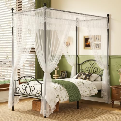 Twin Princess Canopy Bed Frame with 4 Posters, Twin Size Bed for Kids Girls