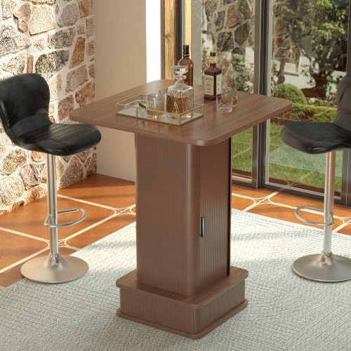 Square Bar Table with 2-Tier Hidden Storage, 38.1" High Counter Height Bistro Pub Cocktail Table, Modern Drink Bar Station for Kitchen Living Room, Coffee House, Small Space, Walnut