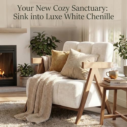 Modern Accent Chair Set of 2 for Living Room Bedroom,Comfy Chenille Reading Chair with Wood Frame,Upholstered Lounge Armchair with Thick High-Elastic Sponge for Apartment & Waiting Room(White,2)