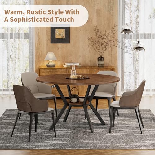 42" Round Dining Table for 4, Farmhouse Kitchen Table with Storage, Space Saving Circle Dinner Table, Rustic Wood Kitchen & Dining Room Tables with Metal Legs for Home, Apartment, Office, Restaurant