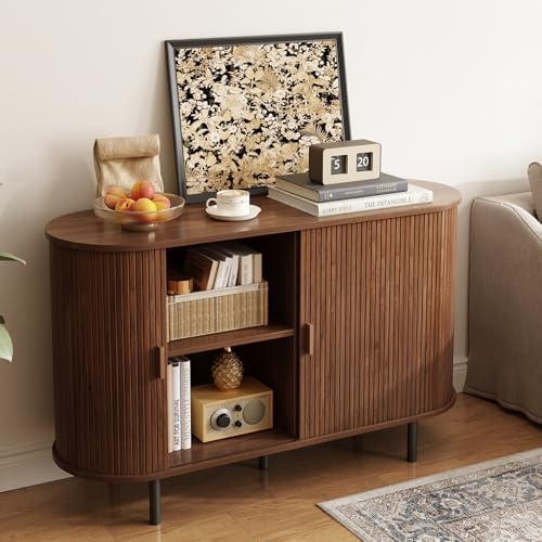 ONBRILL 48" Sideboard Buffet Cabinet, Sliding Door/Adjustable Shelf, Walnut