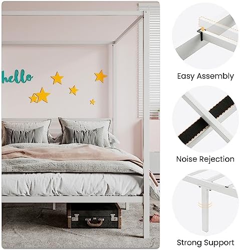 SHA CERLIN Queen Size Canopy Bed Frame with Heavy Duty Metal Slats, White