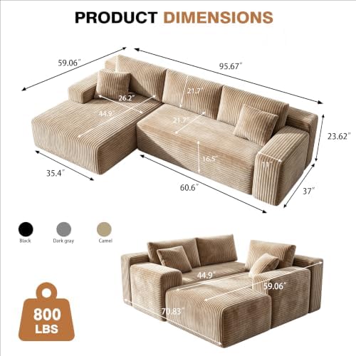 96" L-Cloud Sectional Boneless Couches for Living Room, Corduroy Fabric Modular Sectional Sofa with Chaise, Cloud-Couch Deep Seat Sofa, No Assembly Required, Camol