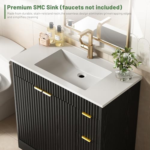 CARPETNAL 36 Inch Bathroom Vanity with Sink, Black. | Modern Fluted Bathroom Vanity with Sink with Storage Cabinet, Adjustable Shelf and 2 Soft Closing Doors & 3 Drawers.