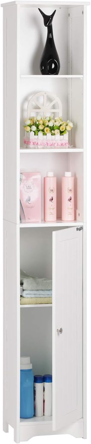 Bonnlo Narrow Cabinet, 67" Tall Slim Bathroom Storage Cabinet 12" Wide White Skinny Linen Cabinet with 3 Open Shelves Single Door Adjustable Shelf Space Saving Corner Pantry