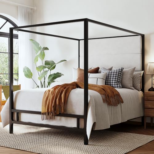 Merax King Size Black Metal Canopy Bed Frame, 76.5" Tall Velvet Upholstered Headboard, 4-Poster Bed with 800 lbs Capacity, Box Spring Required for Master Bedroom, Black+White
