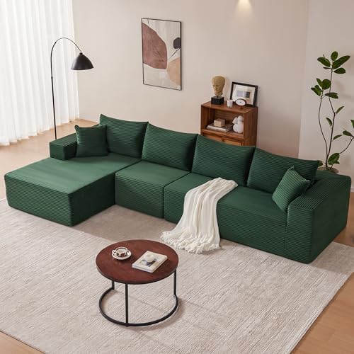 Mangodan 140” Cloud Sectional Couch, Modular Sectional Sofa with Deep Seat, Boneless Sofa for Living Room, Fluffy Comfy L-Shaped Couch with Left Facing Chaise, No Assembly Required, Green