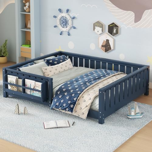 Bellemave Full Size Floor Bed with Slats and Guardrails, Full Size Montessori Floor Bed with Bookcase and Fence, Low Profile Montessori Beds for Kids, Blue Floor Beds Frame