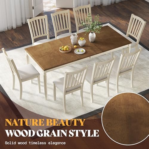 AMERLIFE 9 Piece Farmhouse Dining Table Set with 79" Table, Cream
