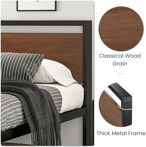 SHA CERLIN 14 Inch Full Size Metal Platform Bed Frame with Wooden Headboard and Footboard, Mattress Foundation, No Box Spring Needed, Large Under Bed Storage, Non-Slip Without Noise, Walnut
