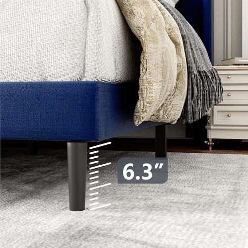 Gruwans Queen Size Bed Frame with Upholstered Wingback Headboard, Easy Assemnly Platform Bed, Wooden Slat Support No Box Spring Needed, Navy Blue