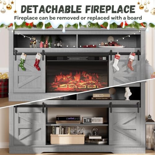 YESHOMY Farmhouse Fireplace TV Stand for TVs up to 65 Inch,Gray Rustic