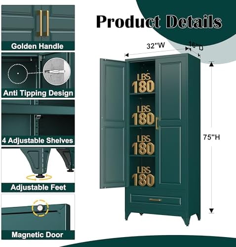 SteeLoong 75" Metal Storage Cabinet with Doors and 3 Adjustable Shelves | Kitchen Pantry Cabinet with Drawer,Green Kitchen Cabinet with 2 Gold Handles,Food Cupboard for Livingroom,Pantry, Bathroom