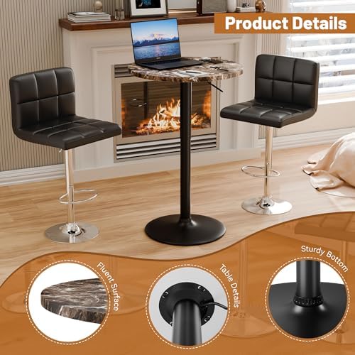 Flamaker Round Bistro Pub Table 23.6 Inch Height Adjustable 360° Swivel Bar Table Metal Base for Pub, Dining Room, Party (2, Marble-Black)