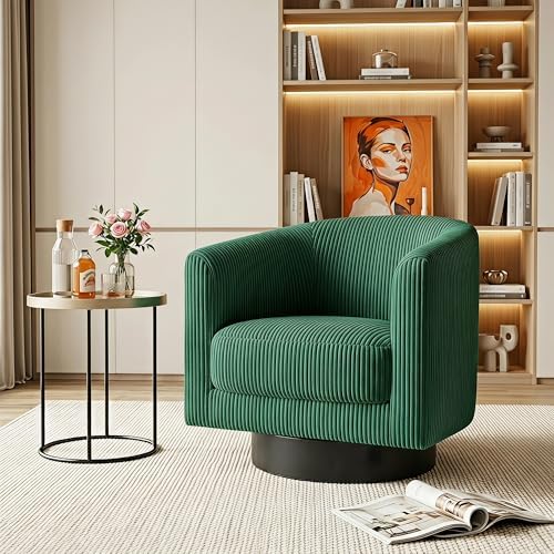 Swivel Accent Chairs Set of 2, 360° Bucket Chair, Modern Upholstered Barrel Armchair, Comfy Corduroy Single Sofa for Living Room Bedroom, Green