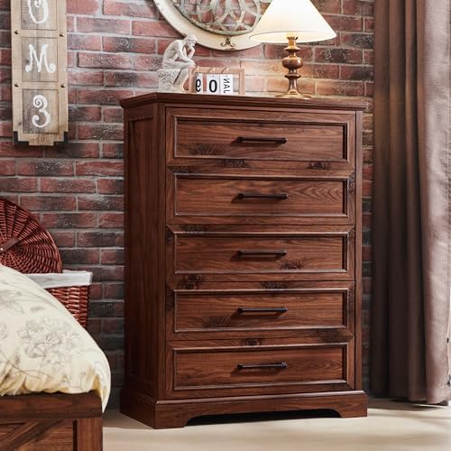 ACCOHOHO Farmhouse 5 Drawers Dresser Chests for Bedroom, Brown