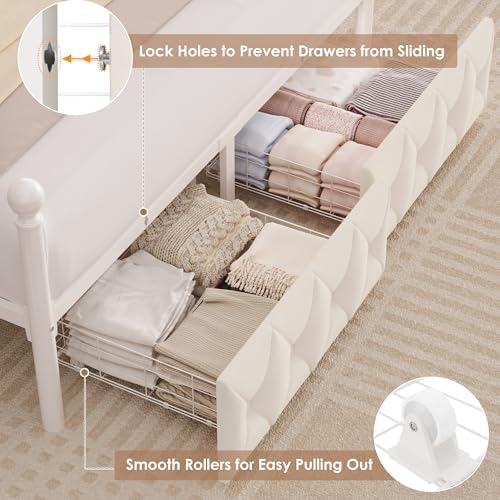 HIFIT Queen Size LED Canopy Bed Frame with Storage & Charging Station,Beige