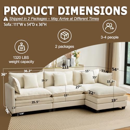 111" Modular Sectional Sofa, L Shaped Cloud Couch with Ottoman