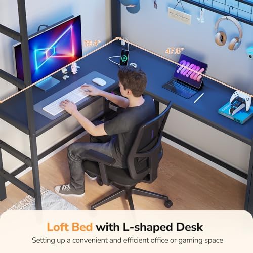 DICTAC Loft Bed Twin Size with Desk,Storage Bookshelf and 6 Drawers, Black