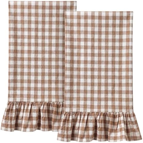 HunnmingRe 2 Pcs Taupe Gingham Kitchen Towels Cotton Ruffled