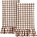 HunnmingRe 2 Pcs Taupe Gingham Kitchen Towels Cotton Ruffled
