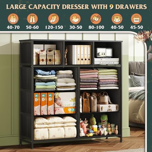 WLIVE Tall Dresser for Bedroom, 9 Drawer Chest of Drawers, Vintage Green