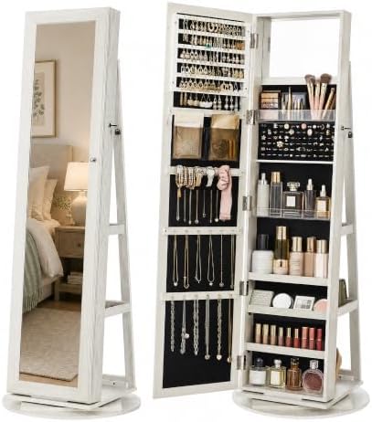 SONGMICS HOME Standing Jewelry Cabinet, Full Length Mirror with Storage | Swivel Jewelry Armoire, Lockable Rotating Organizer, Rear Storage Shelves, Bedroom Organization, White UJJC006W01SH