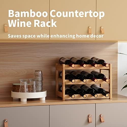 VASMIA Bamboo Wine Rack, Sturdy and Durable Wine Storage Cabinet Shelf, Wine Racks Countertop for Pantry,Kitchen,3-Tier 12 Bottles Wine Rack Natural
