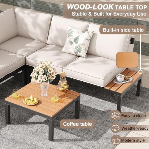 5-Person Outdoor Patio Furniture Set, Durable Metal Frame Outdoor Sectional with Wood-Look Table & Waterproof Cushions, All-Weather Conversation Set for Garden, Balcony, Poolside-Beige