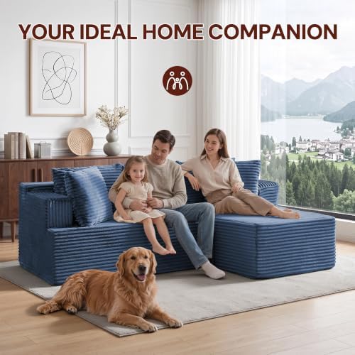 Korser Boneless Couches for Living Room, Cloud Couch Sectional with Ottoman, L-Shaped Sofa with Fluffy Comfy Corduroy Deep Seat, Bedroom, Apartment, No Assembly Required