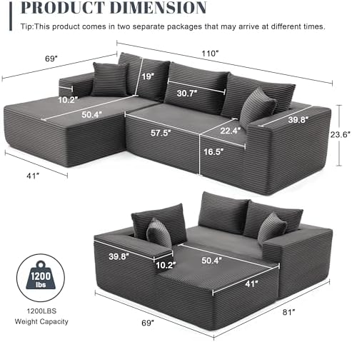 Mangodan 110” Boneless Couch, Cloud Sectional Sofa for Living Room, Grey
