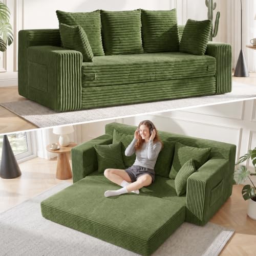 Boneless Couch for Living Room, 3 Seater Convertible Sofa Bed in A Box, Folding Pull Out Couch with Comfy Corduroy, Loveseat Sleeper Floor Sofa with 5 Pillows, No Assembly Required, Olive Green