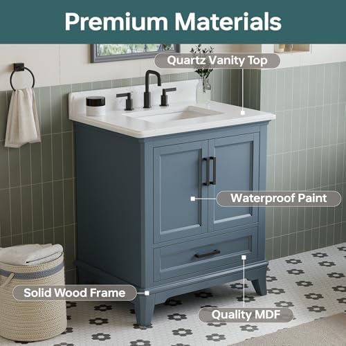 30" Bathroom Vanity with Sink, Fully Assembled, Steel Blue | Freestanding Solid Wood Bathroom Vanities with Quartz Countertop & Backsplash, Soft Close Doors & Dovetail Drawer