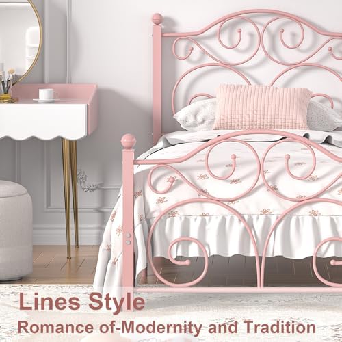 VECELO Twin Size Bed Frame with Headboard and Footboard, Heavy Duty Metal Slat Support, Platform Mattress Foundation, No Box Spring Needed, Easy Assembly, Light Pink