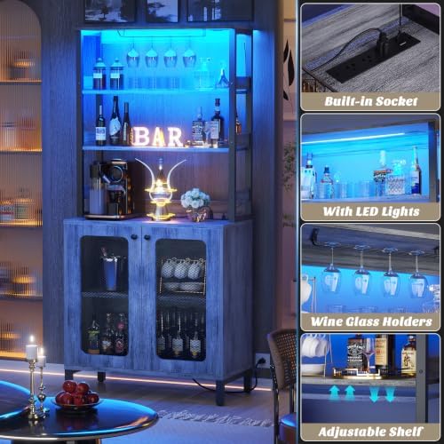 Aheaplus Bar Cabinet with Power Outlets,67" Tall Wine Bar Cabinet,White Oak