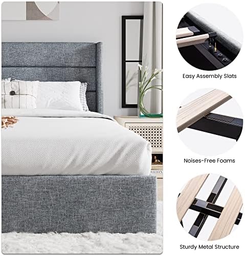 SHA CERLIN Full Size Lift Up Hydraulic Storage Bed Frame Blue Grey