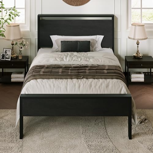 Allewie Twin Size Bed Frame, Heavy Duty 12 Metal Slats Support, Black Oak