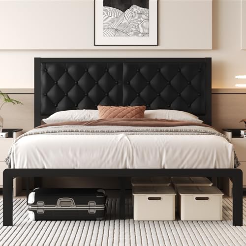 Fluest Queen Bed Frame with Headboard PU Leather Upholstered Bed Frame Platform,All Metal Slats Support Platform Bed Frame with Storage Space,Easy Assembly,Noise Free,No Box Spring Needed,Black