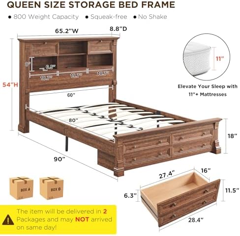 Farmhouse Queen Size Bed Frame with 54" Tall Headboard, 2 Footboard Drawers