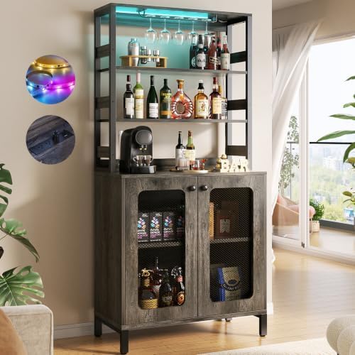 Aheaplus Bar Cabinet with Power Outlets,67" Tall Wine Bar Cabinet,Black Oak